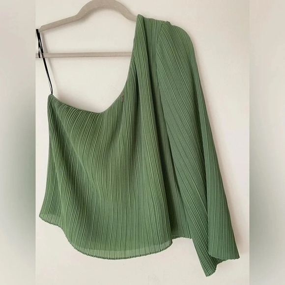 MISA Top Women’s Large One Shoulder Green Blouse Pleated - Picture 2 of 8
